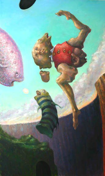 A painting of a man flying through the air