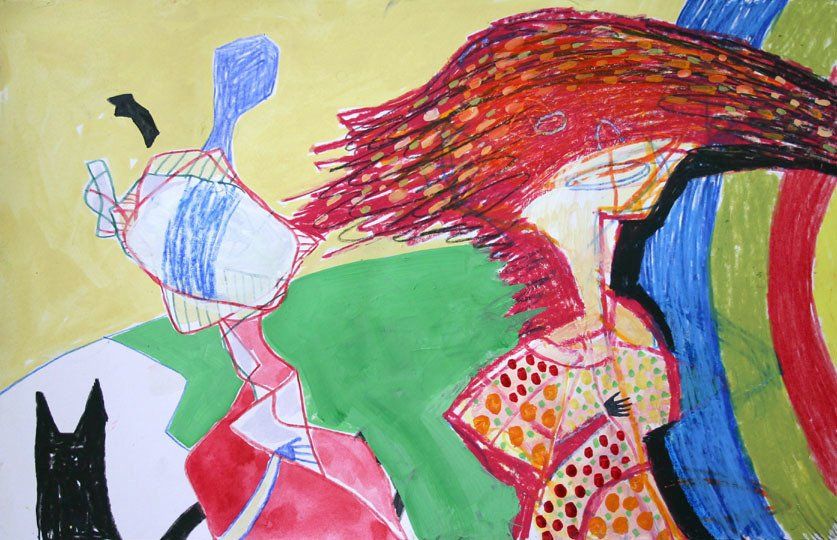 A colorful drawing of a woman with long red hair