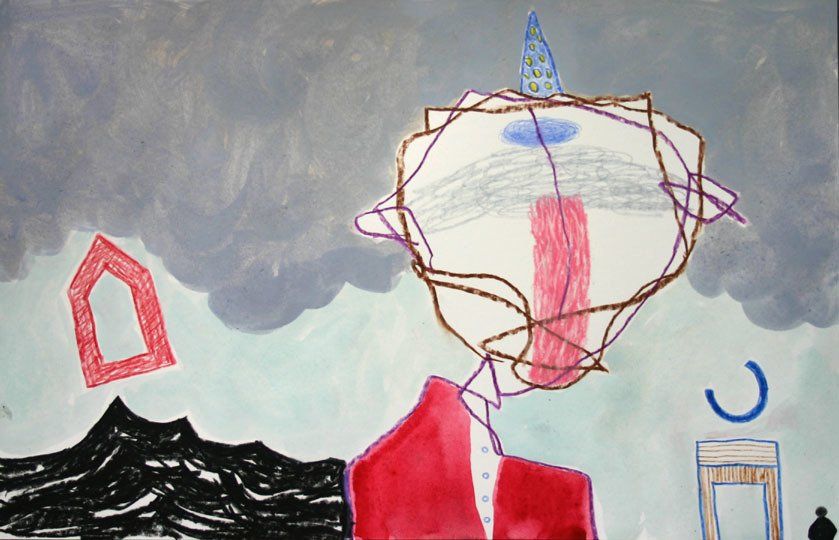 A painting of a man with a huge head