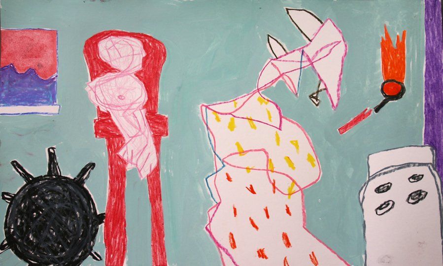 A child 's drawing of a woman sitting in a chair with a magnifying glass.