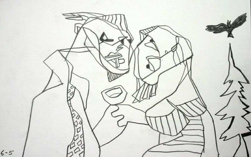 A black and white drawing of a man and woman with the number 6 on the bottom