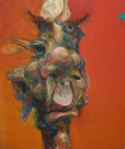 A colorful painting of a man 's face on a red background.