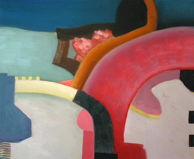 A colorful painting of a chair and a vase