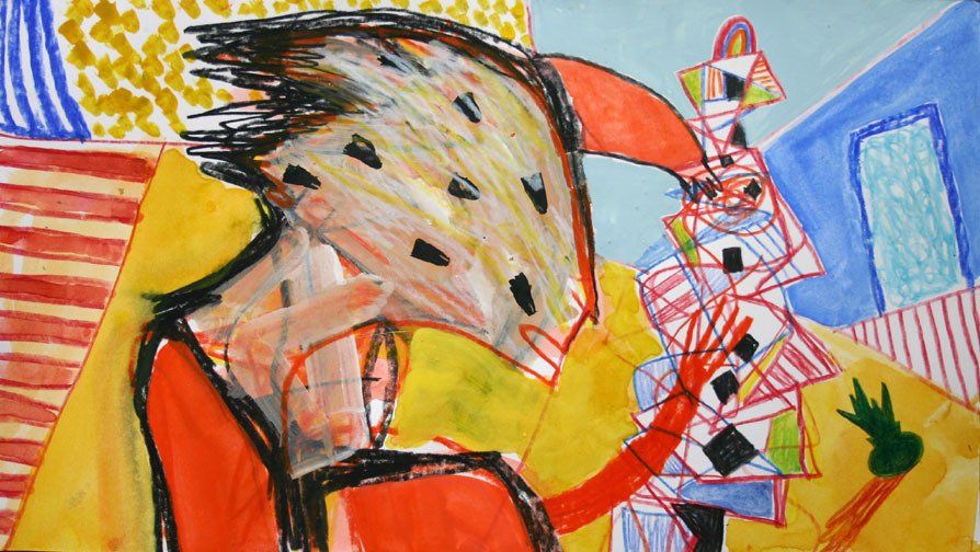 A colorful painting of a man holding an umbrella in a room.