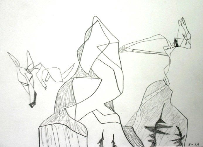 A black and white drawing of a wolf on a mountain