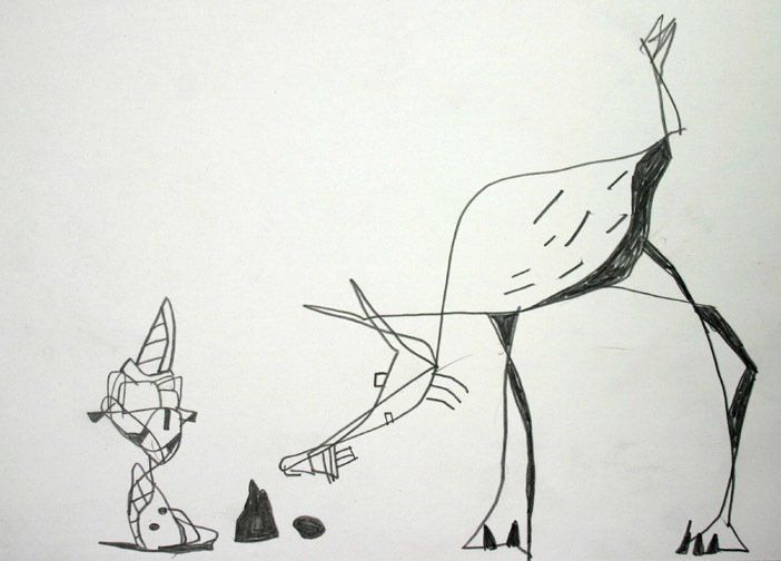 A black and white drawing of a unicorn and an ostrich