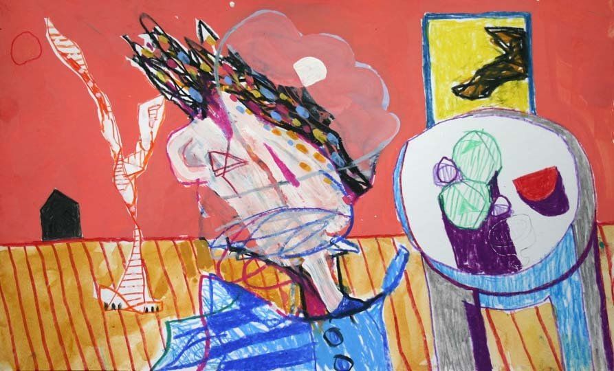 A child 's drawing of a person sitting at a table with a vase of flowers on it.