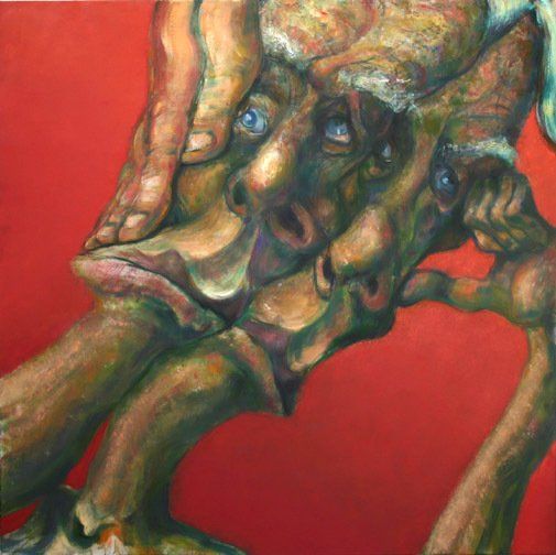 A close up of a painting of a man 's face on a red background.