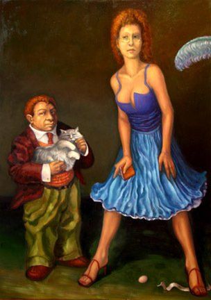 A painting of a man holding a cat and a woman in a blue dress