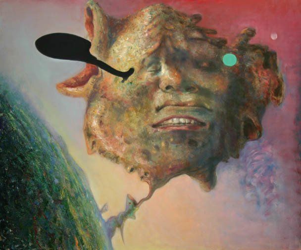 A painting of a man 's face with a spoon sticking out of it