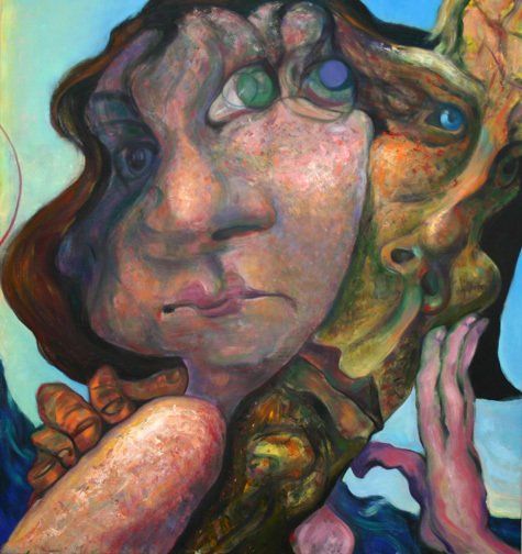 A close up of a painting of a woman 's face