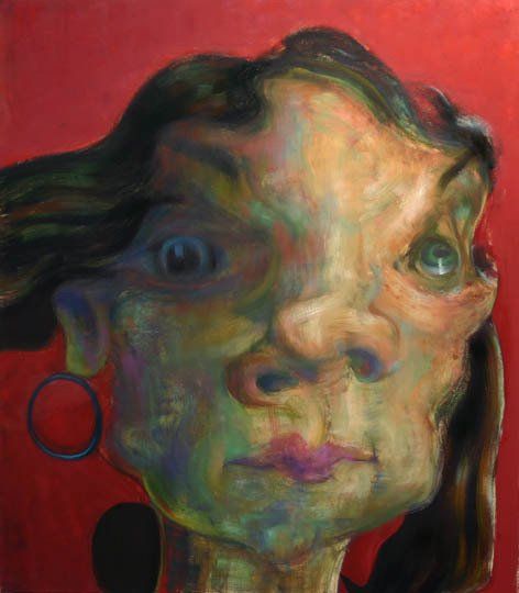 A painting of a woman 's face on a red background