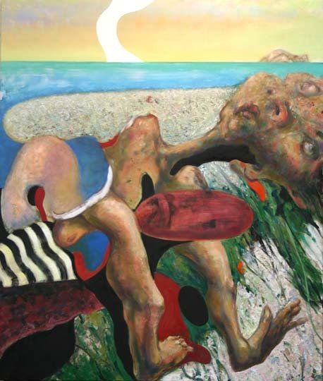 A painting of a man laying on the beach