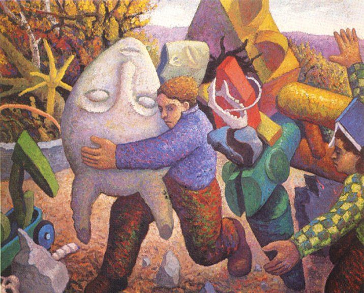 A painting of a man hugging a statue of a face
