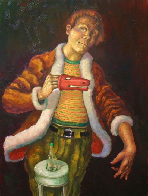 A painting of a man in a fur coat holding a hair dryer