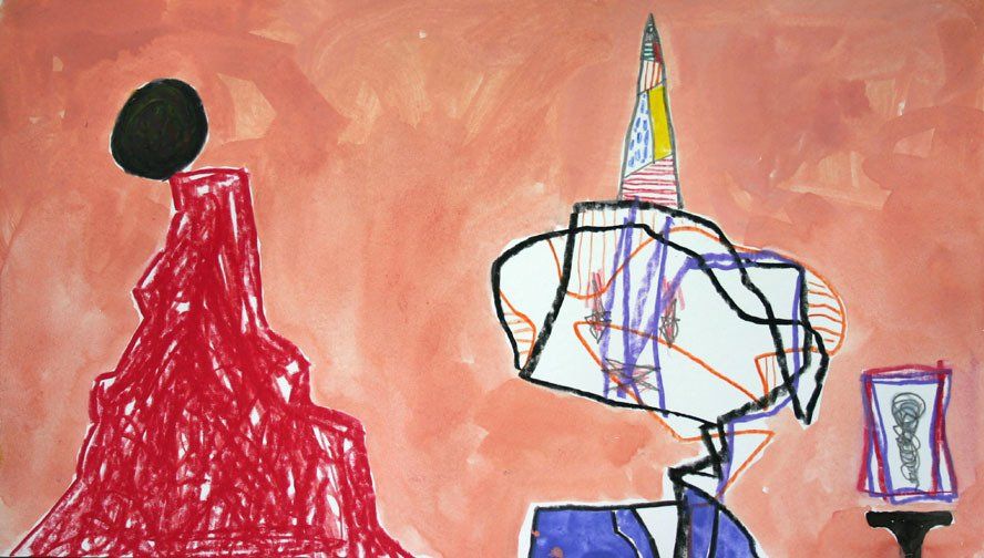 A child 's drawing of a woman in a red dress and a man in a party hat.