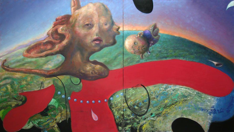 A painting of a woman 's head on a red carpet.
