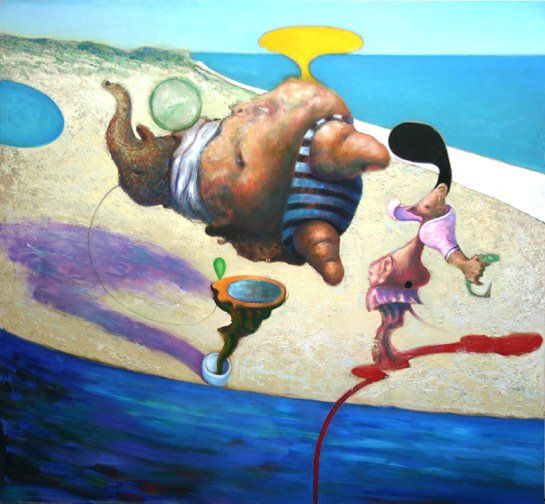 A painting of a man floating in the air