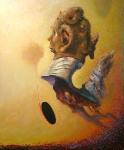 A painting of a man 's head flying through the air.