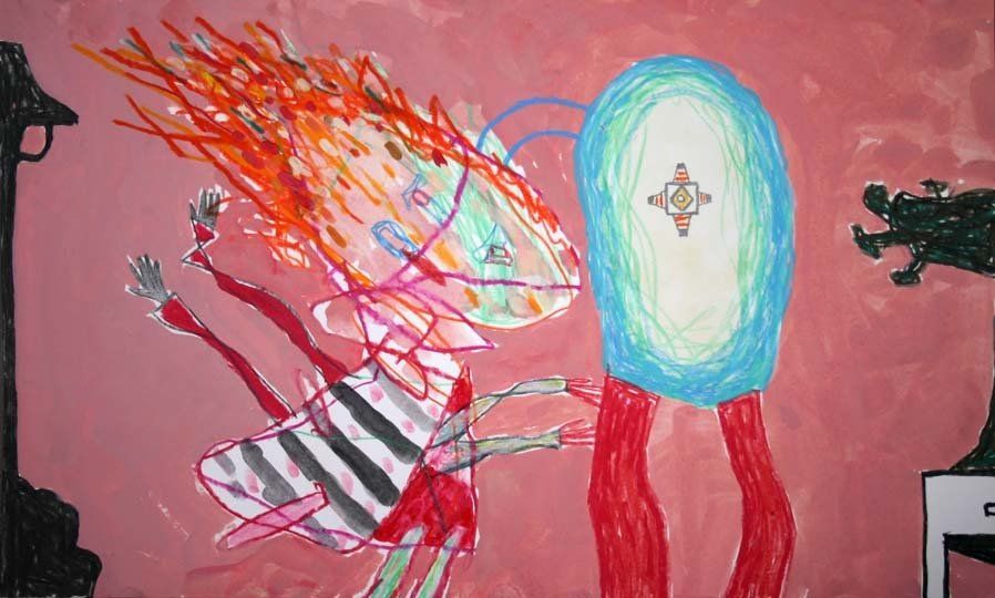 A child 's drawing of a girl with red hair