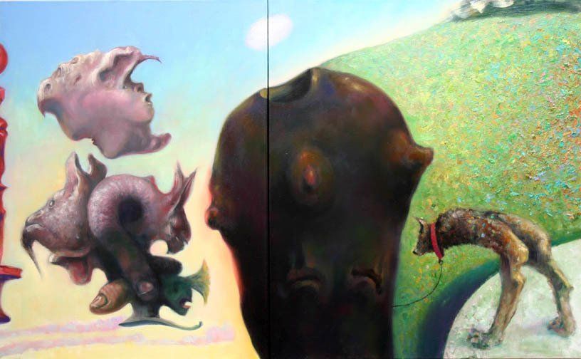 A painting of a man and a dog standing next to each other.
