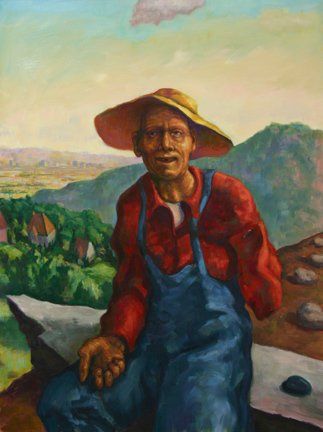 A painting of a man wearing overalls and a hat sitting on a rock.