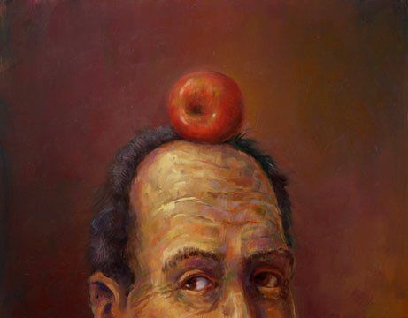 A painting of a man with an apple on his head.