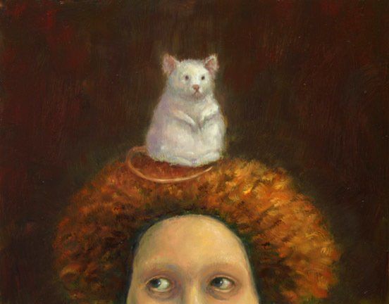 A painting of a woman with a white cat on her head.