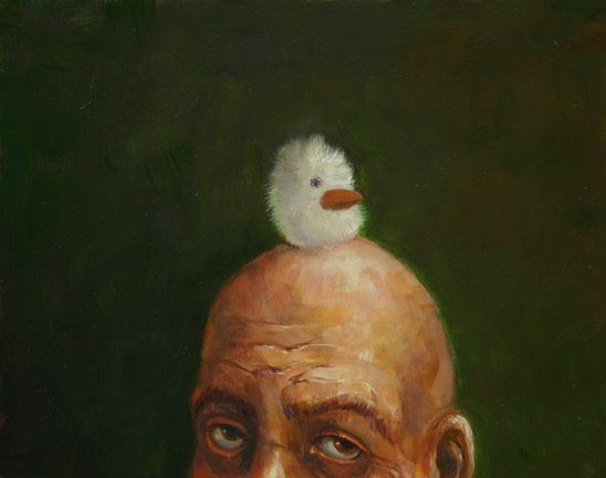 A painting of a bald man with a bird on his head.