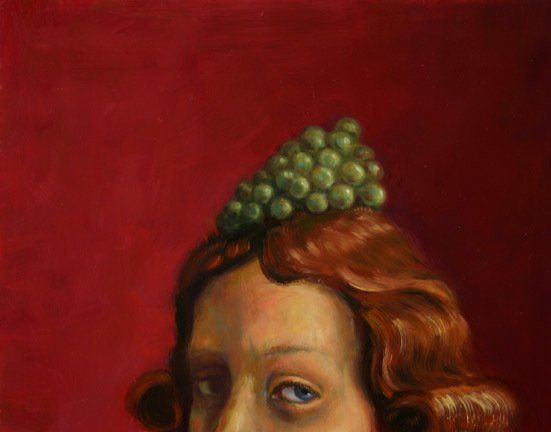A painting of a woman with a bunch of grapes on her head.