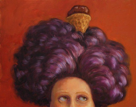 A painting of a woman with purple hair and an ice cream cone on her head.