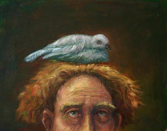 A painting of a man with a bird on his head.