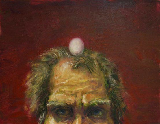 It is a painting of a man with an egg on his head.