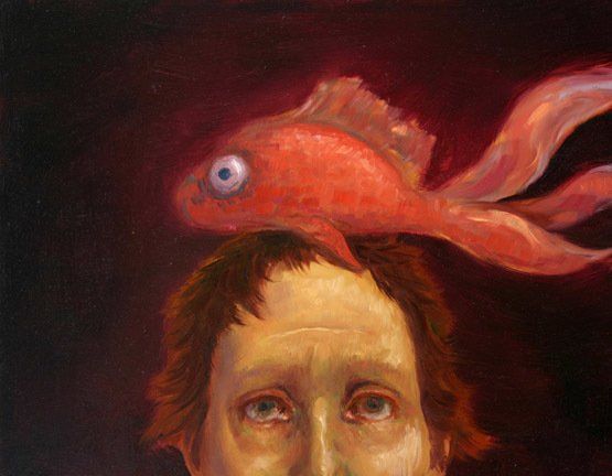 A painting of a man with a fish on his head.