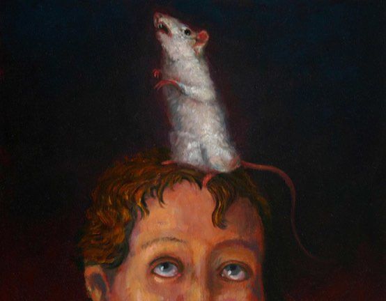 A painting of a man with a rat on his head.