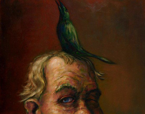 A painting of a man with a bird on his head.