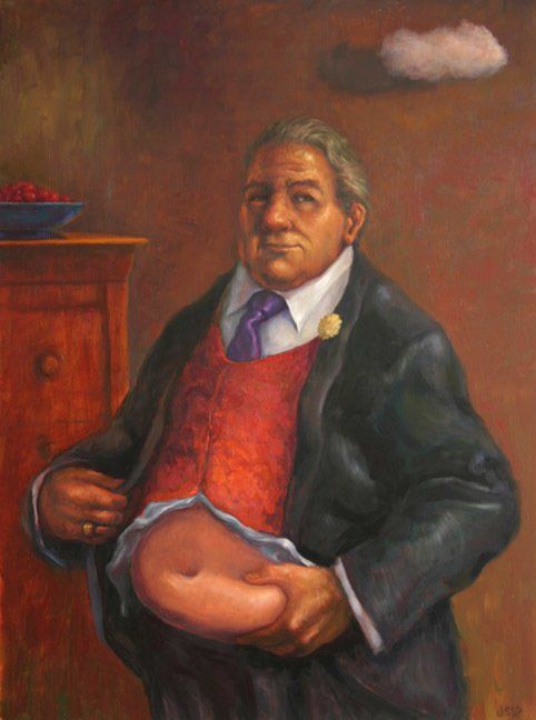 A painting of a man in a suit and tie with a large belly