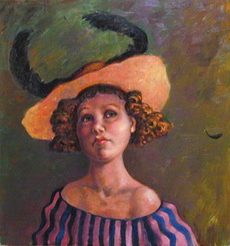 A painting of a woman wearing a hat and striped shirt