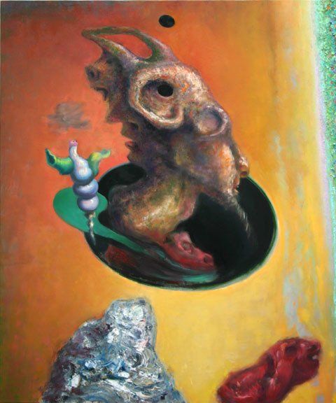A painting of a dragon 's head in a bowl