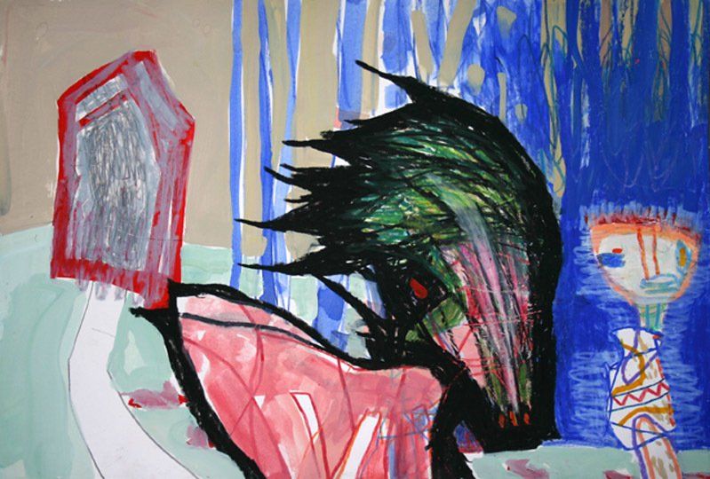 A painting of a person holding a red object