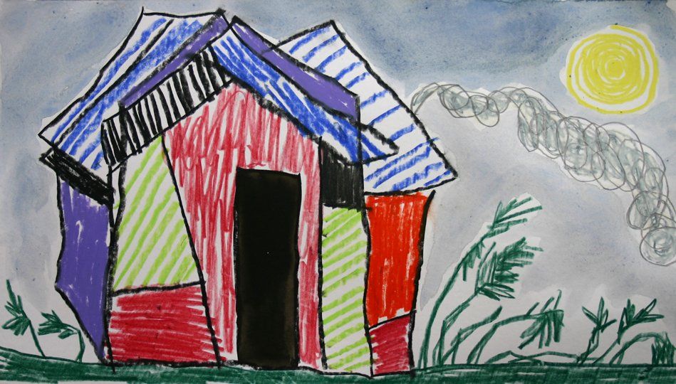 A child 's drawing of a colorful house with the sun in the background