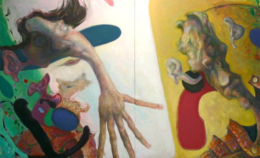 A close up of a painting of a hand pointing at something.