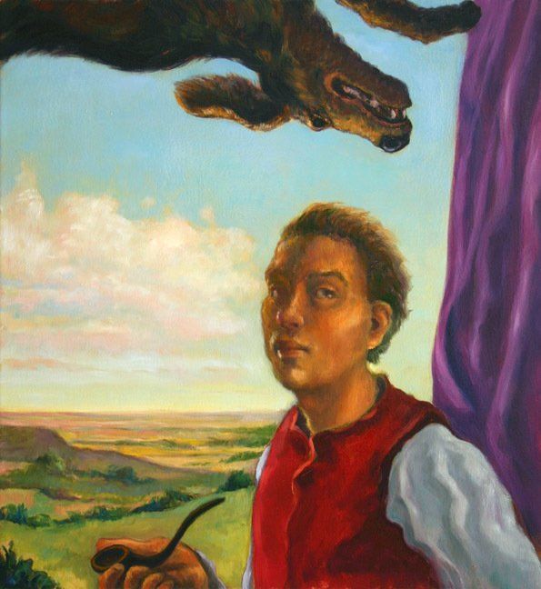 A painting of a man in a red vest holding a pipe