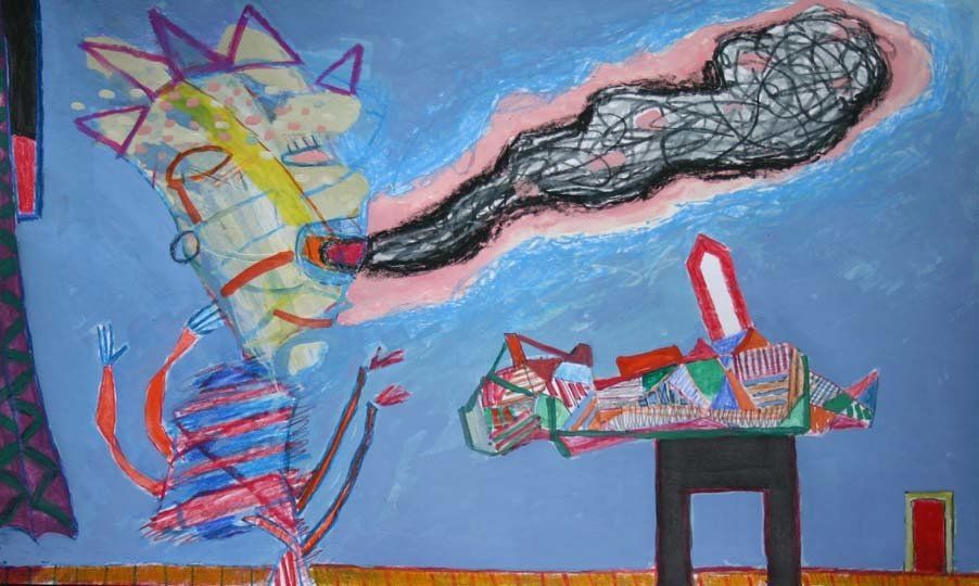 A painting of a table with a smoke coming out of it.