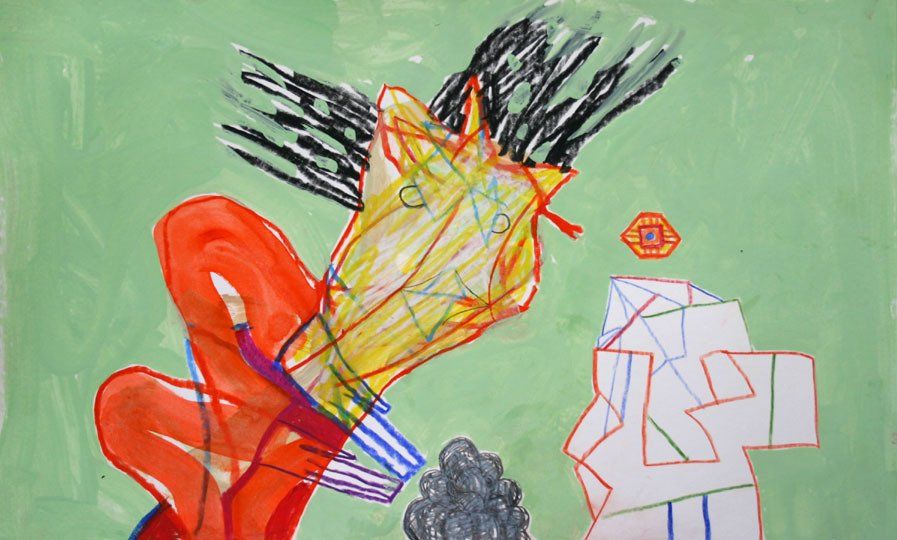 A child 's drawing of a horse and a building on a green background.