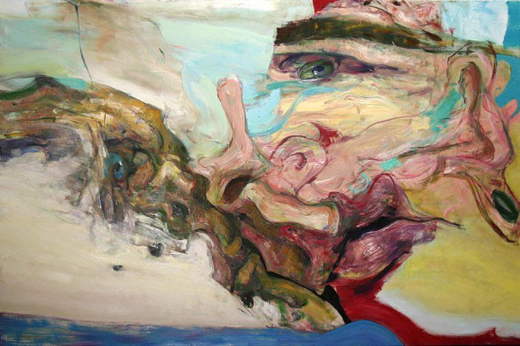 A close up of a colorful painting of a man 's face.