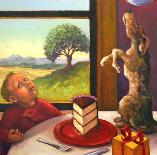 A painting of a child looking out a window at a cake and a dog