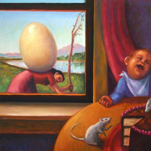 A painting of a boy sitting at a table with mice and an egg on his head