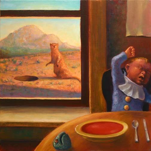 A painting of a baby sitting at a table looking out a window at a cat.