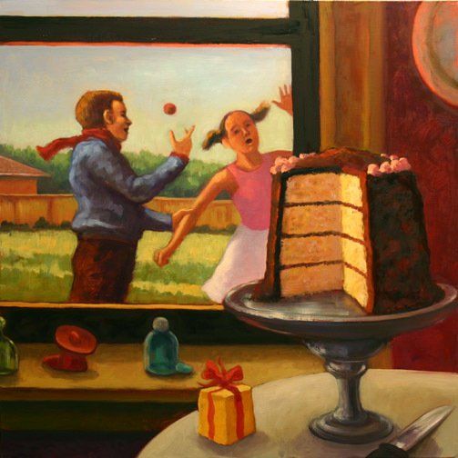 A painting of a man and a girl looking out a window at a cake